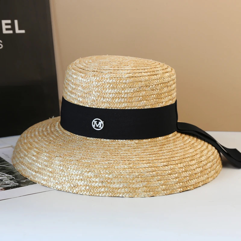 Summer Womens Wheat Straw Hat Female Wide Brim Sunshade Panama Lady Classic Flat Webbing Sun Hats Seaside Vacation Beach Hat 250227