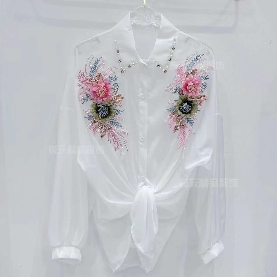 3D Wer Sun Protection Shirt Cardigan Women Heavy Industry Beads Dia-Embedded Blouse Sweet Loose Top