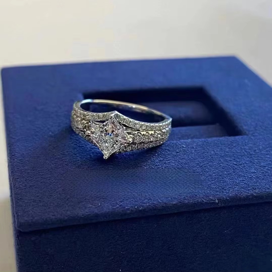 Women's square Moissanite dia sier plated multi-layer crown wedding ring D color
