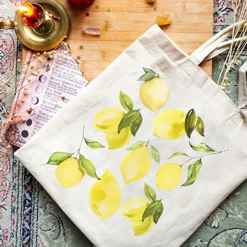 1pc Fruit Lemon Pattern Women Shopper Bags Tote Bag Canvas Plant Travel Shoulder Handbag Shopping 250221