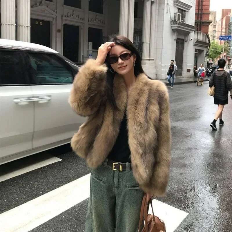 New Korean Fashion High End Fox Coat for Winter Clothes V-neck Warm Brown Short Fur Jackets Women Tops