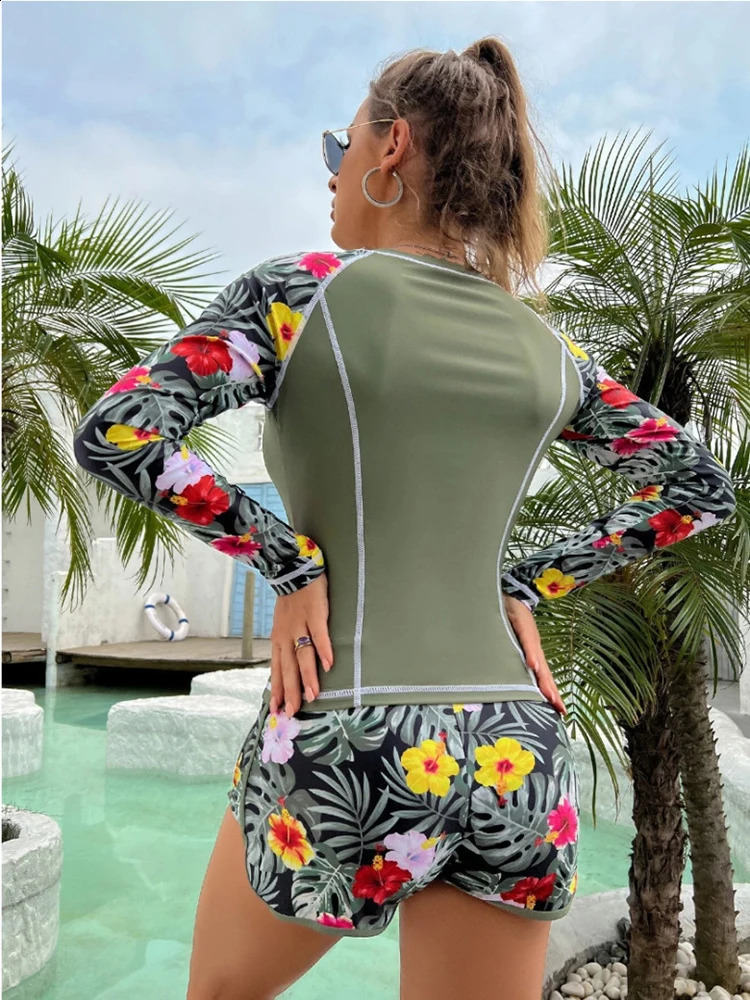 2024 Tankini Women Swimsuit Tropical Print Bikini Set Long Sleeve Swimwear Summer Shorts Beachwear Female Bathing Suit 250228