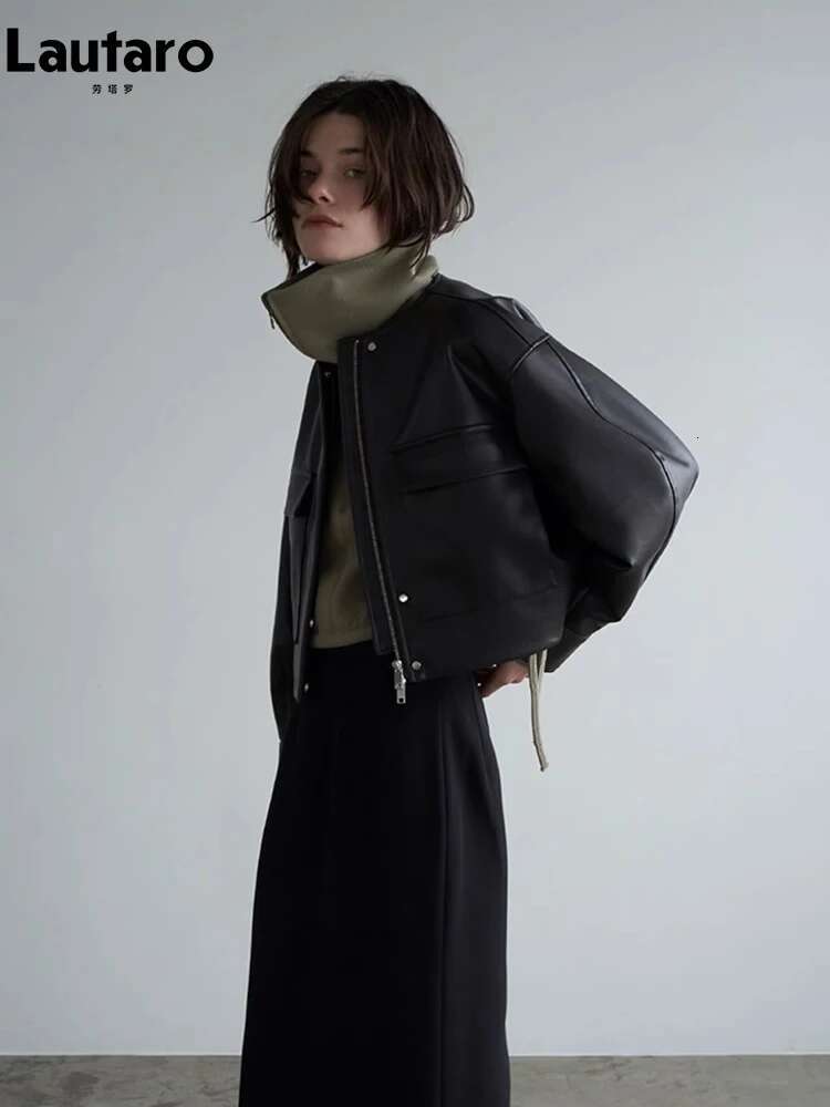 Designer Autumn Cool Oversized Short Black Soft Pu Leather Jacket Women With Front Pockets Long Sleeve Designer Clothing