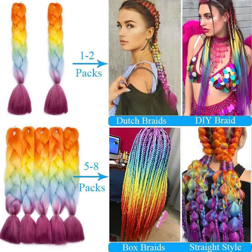 24 Inch Synthetic Ombre Jumbo Braiding For Twist Box Braids Pre Stretched Crochet Rainbow Colorful Hair Extensions