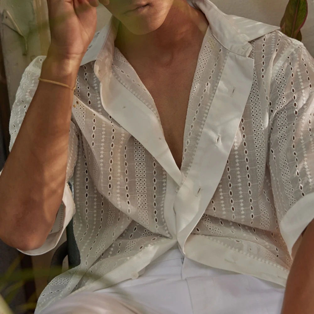 Mens Shirt Hollow Breathable Casual Shirt Summer Streetwear Beach Vacation Versatile Short-Sleeve Top Mens Clothing 250224