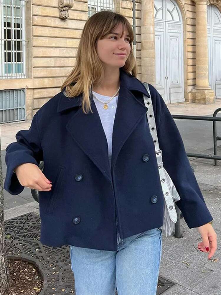 Designer 2024 Autumn Winter Coats Women Casual Double Breasted Turn Down Collar Female Short Jackets Chic Lady Loose Demi Season Outcoat