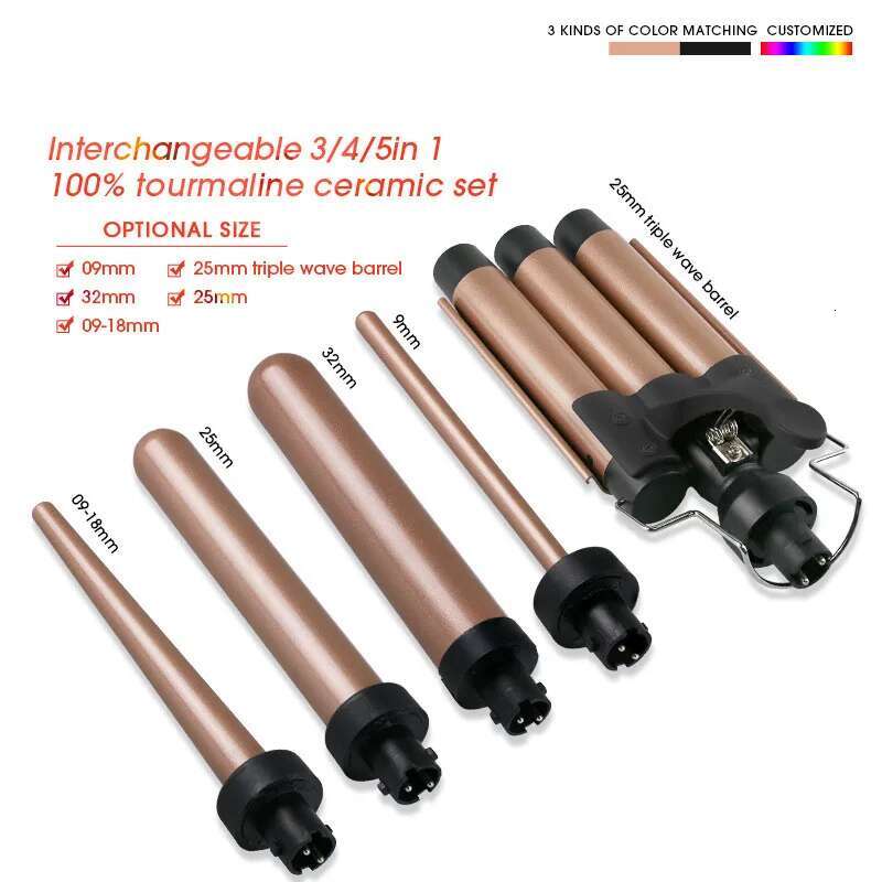 5 In 1 Curg Wand Sets With 3 Barrel Hair Waver, Dual Voltage , Instant Heating, Temp Adjustment ,Hair Crimper Iron For Women