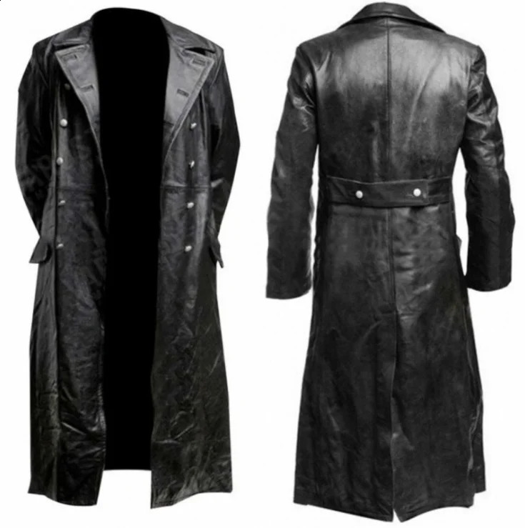MENS GERMAN CLASSIC WW2 MILITARY UNIFORM OFFICER BLACK REAL LEATHER TRENCH COAT y250225