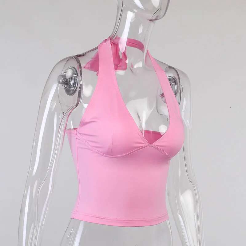 Camisole Summer Halter Tank Top Women V-Neck Sexy Tanks Camis Skinny Backless Pink Corset Tee Shirt Femme Tops WomanT-shirt