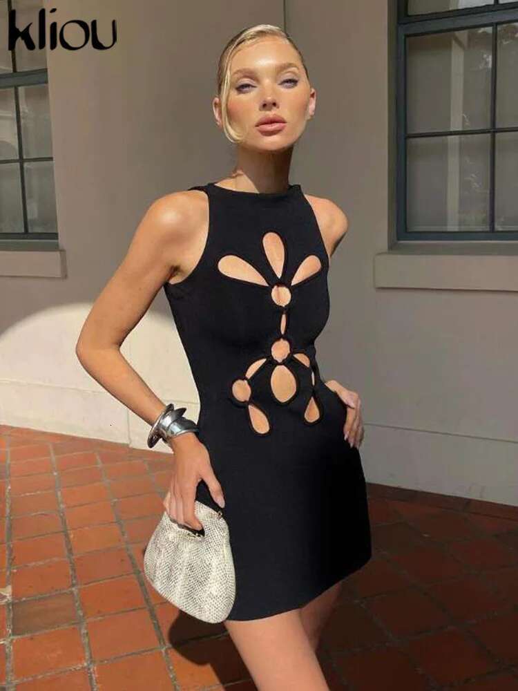 Kliou Solid Concise Mini Dress Women Classic Chic Hollow Out Sleeveless O-Neck Skinny Vestidos Female Trend New Street Bodycons