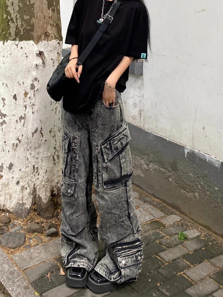 High Street Jeans Women Loose Multi Pockets ed Vintage Couples Streetwear American Wide Leg Trouser K Pop Clothing Daily 250224