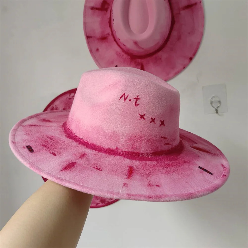 Pink painted hat retro suede fedora hat men and women fedora hat style party hat outdoor fashion travel hat DIY hat 250228