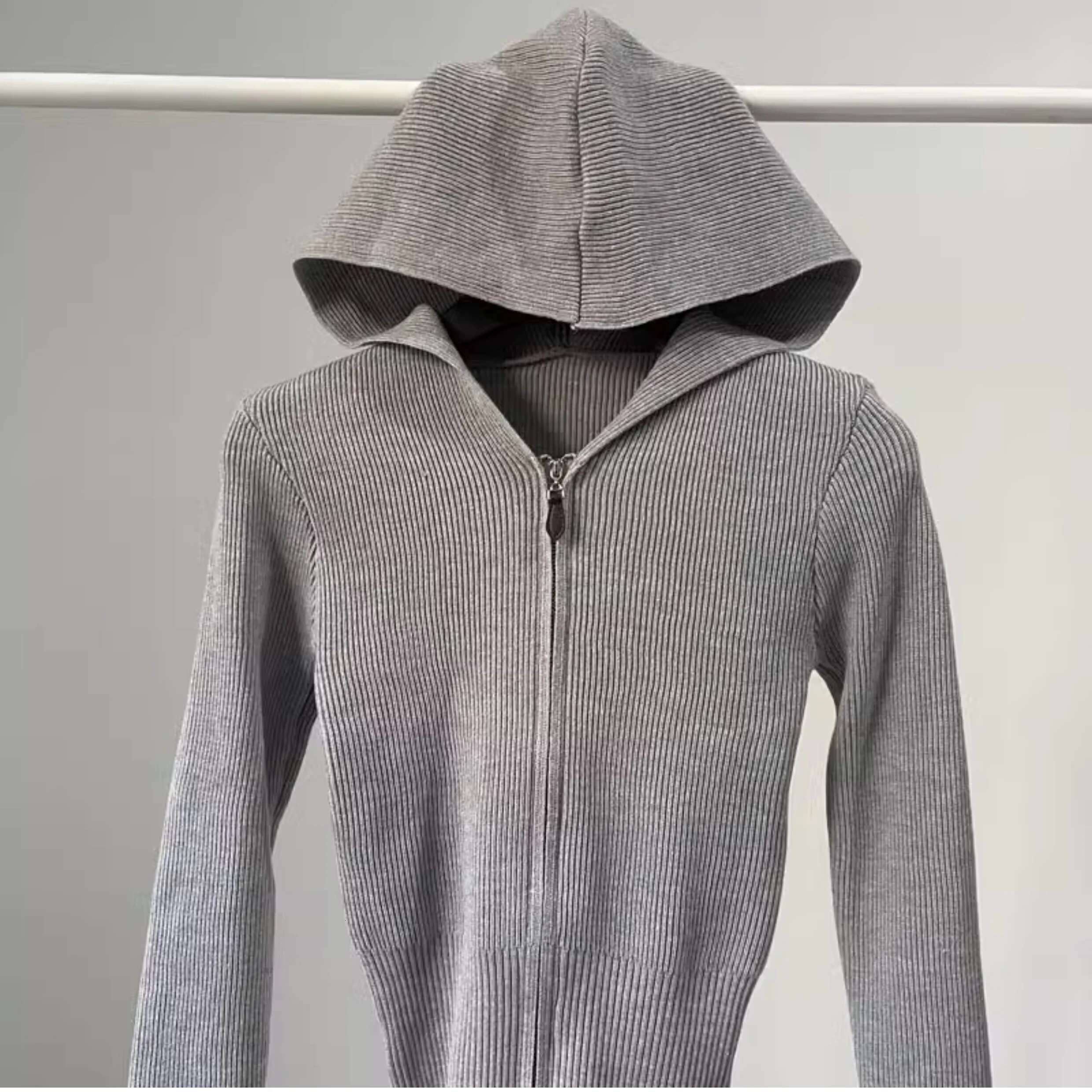 Hooded Slim Solid Cropped Zipper Cardigan Women Crochet Knitwear Knitted Top Jacket Korean Gray Black Beige Brown