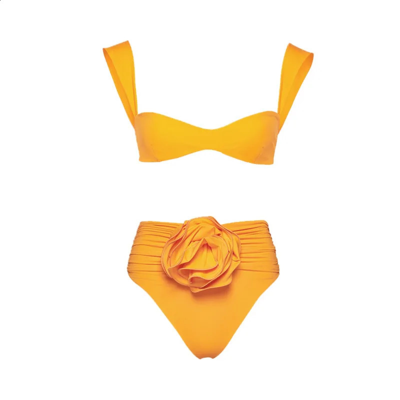 Two piece womens floral lace Up 2025 push up pad bra yellow high waisted bikini set swimsuit beach wear 250227
