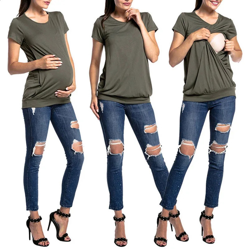Womens Maternity Clothes Breastfeeding Clothing Short Sleeve Pregnant Clothes Pleated Side Open Pregnancy T-Shirt Top 250228