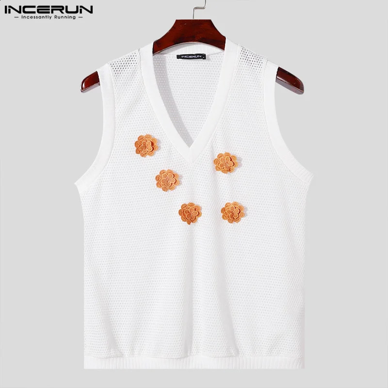 INCERUN Summer Tank Tops Men Sleeveless Mesh Tops Tee Fashion Hollow Out Shirt V Neck Floral Top Oversized Men Clothing S-3XL 250225
