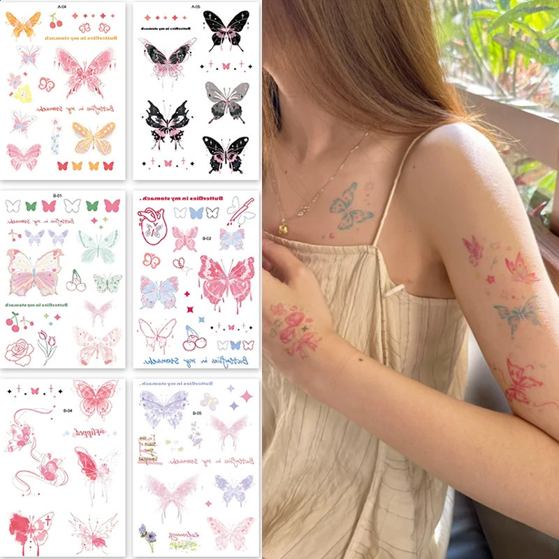Pink Butterfly Flower Temporary Tattoo Sticker Waterproof Self Adhesive Lasting Body Arts Makeup Tattoos 250219