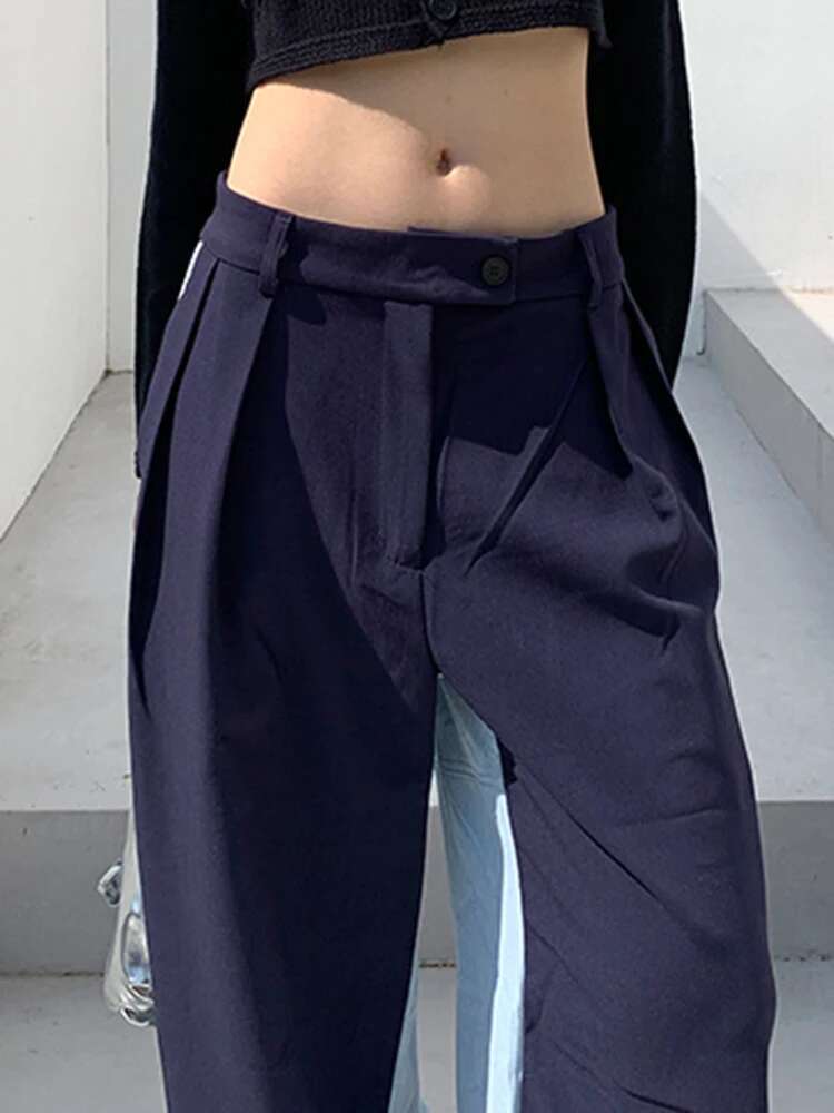 DEAT Fashion Women's Pants Mid Waist Contract Color Folds Pockets Streetwear Straight Leg Trousers Spring 2025 New Tide 7Ab792