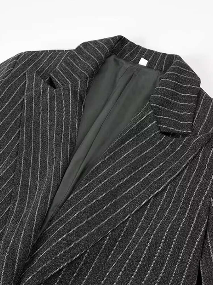 Vintage Women Stripe Woolen Overcoats Fashion Lapel Sleeves Oversized Long Coats 2024 Autumn Winter Lady Commute Jacket