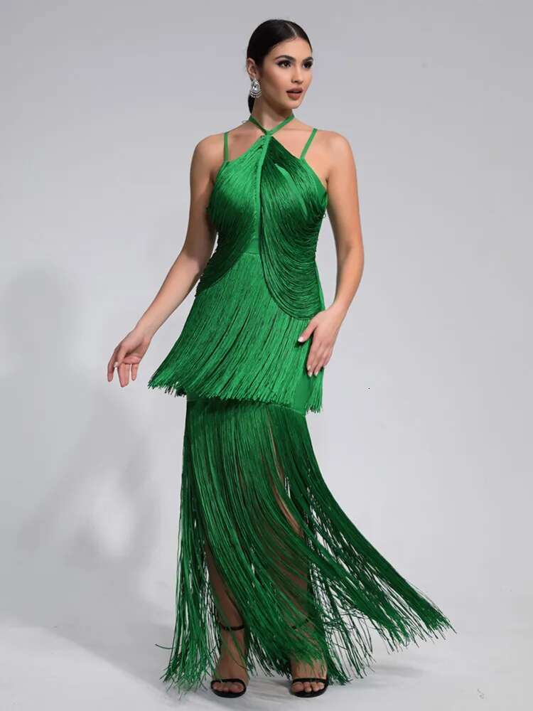 Women Celebrity Sexy Sleeveless Tassel Green Maxi Long Bandage Dress 2024 Knitted Elegant Evening Club Party Outfit