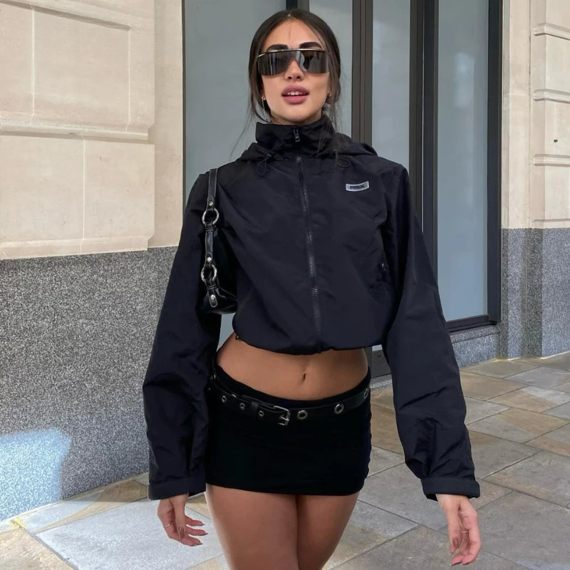 Chic Black Khaki Gorpcore Hooded Cropped Jackets Top Women Outdoor Windbreaker Waterproof Zip Up Jacket Coat Streetwear