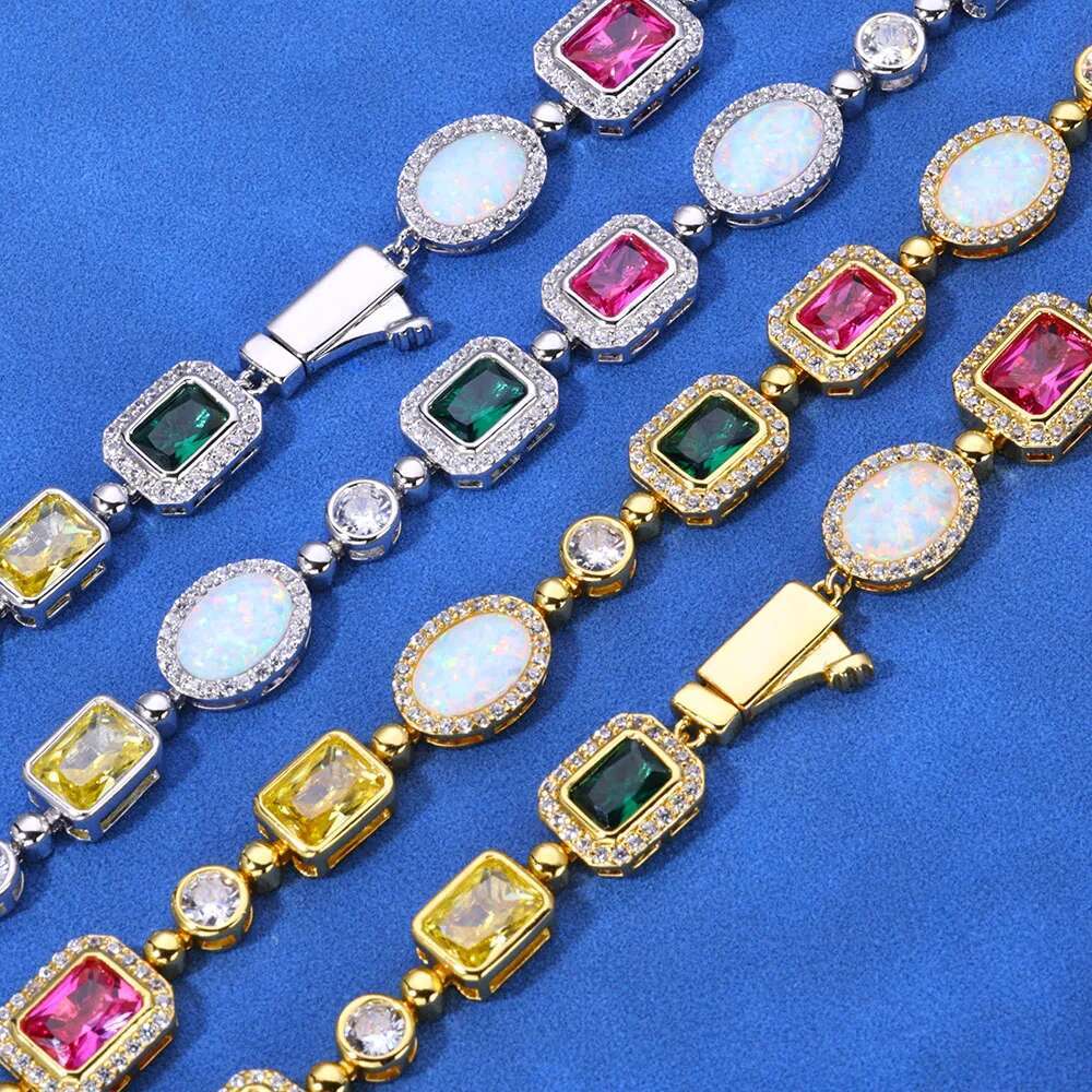 Multi Colored Gem Stone Chain White Gold Plated Vintage Women Choker Jewelry Colorful Rainbow Gemstone Bracelet Necklace Men