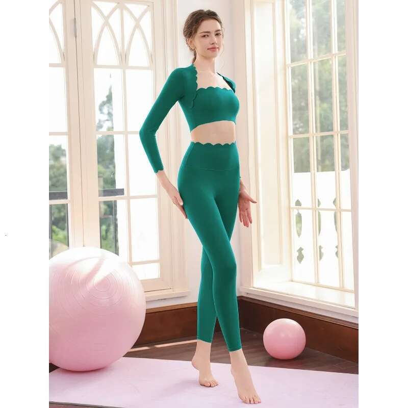 Women's Elasticity Shock-Absorbing Sports Lace Long Sleeved T-Shirt Top Set, High Waist And Hip Lifting Fiess Suit Set