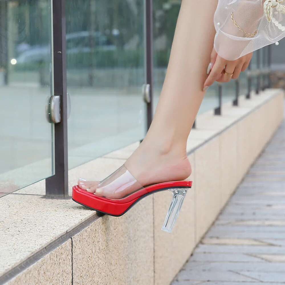 PVC Crystal 2025Transparent Cup high-heeled Sexy Casual Shoes Plus Size Women Open Toe Transparent Slippers