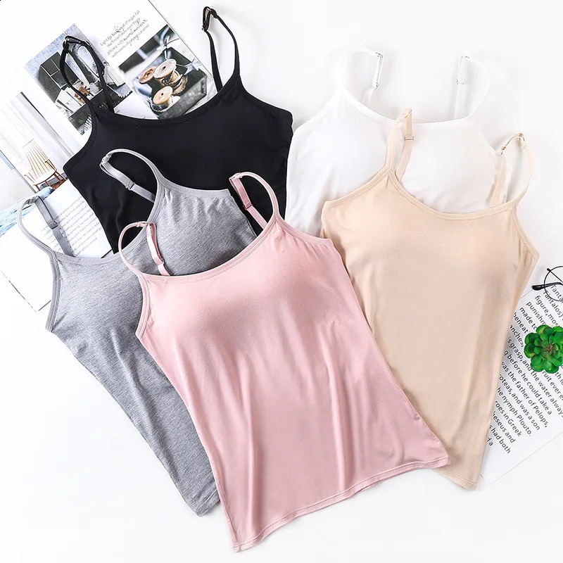 1 Piec Undershirt Solid Color Smocked Camisole Tank Top with Bra Pads Tops Female Summer Underwear Bottoming Anti-walking Bustie 250224