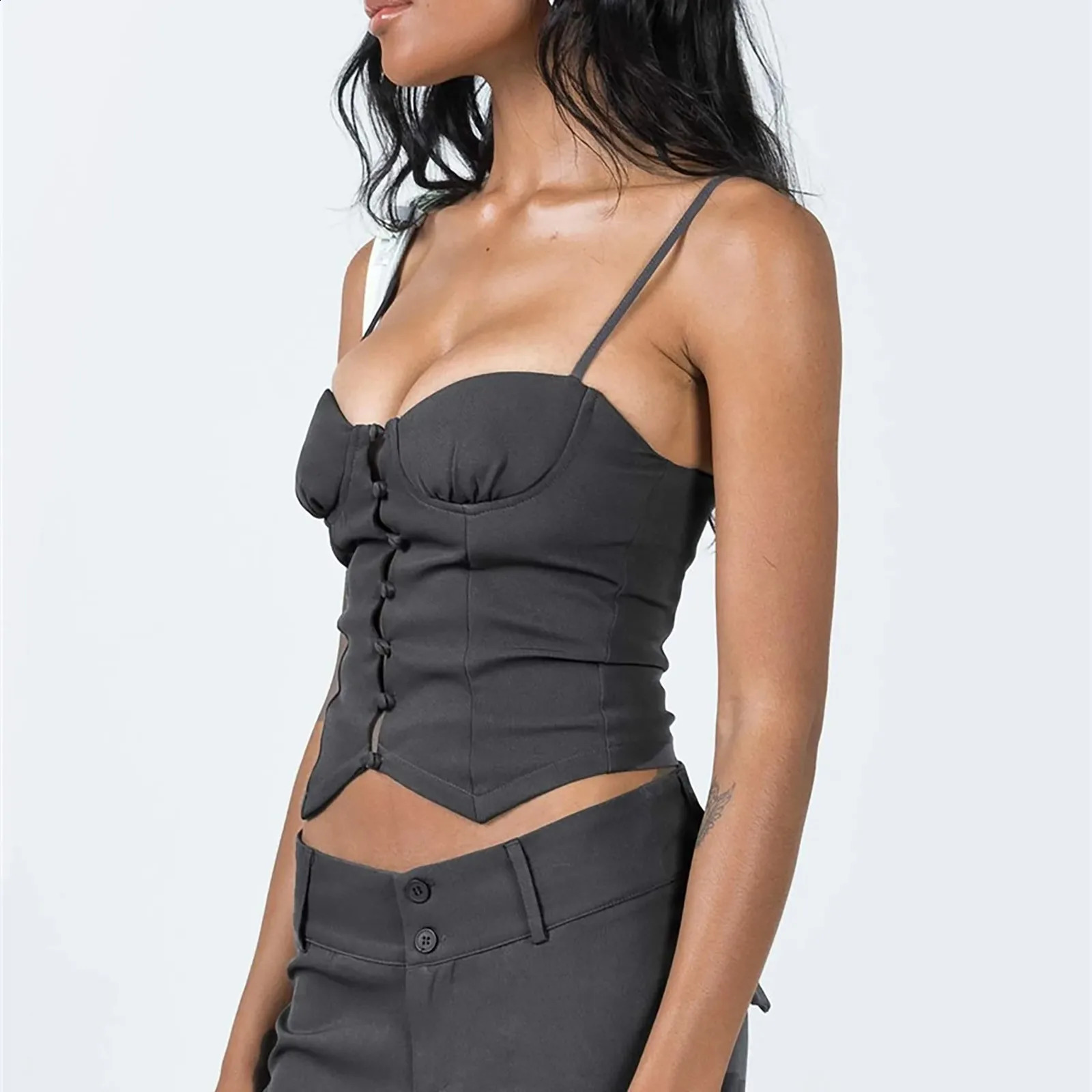 Sexy Camis summer casual low cut bra button tight corset solid waist retro Camisole Tee streetwear basic crop top Camisas 250224