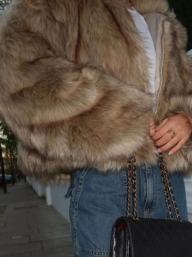 Fashion Faux Fur Coat Women Turn-down Collar Thick Zipper Warm Pocket Outwear Overcoat Fluffy Long Sleeve Ladies Jacket