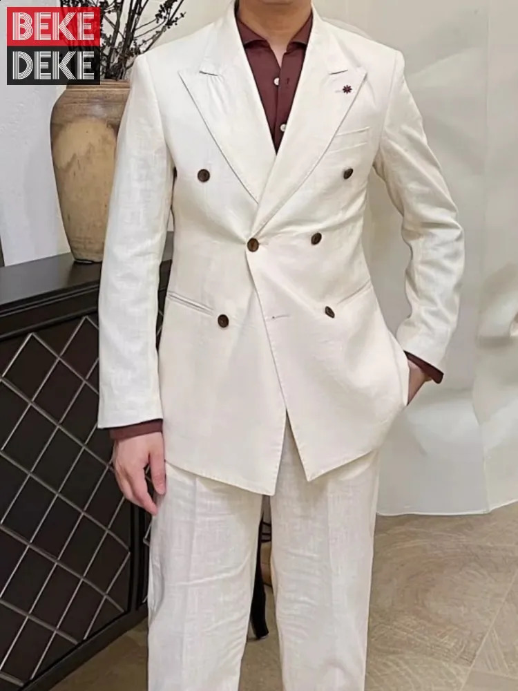 Spring and summer business mens work linen suit ultra-thin fit double corset jacket pants two-piece set wedding dress set 250224