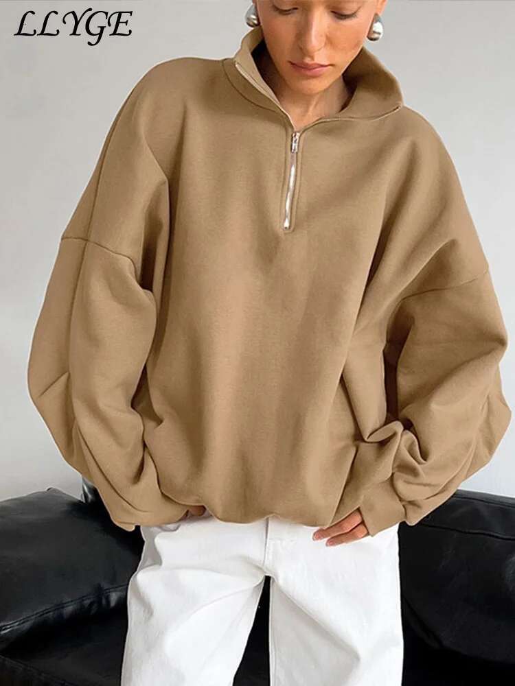 Designer Casual Lapel Women's Sweatshirt Loose Long Sleeve Zipper Patchwork Female Pullovers 2024 Autumn Lady Lazy Solid Sport Outwear