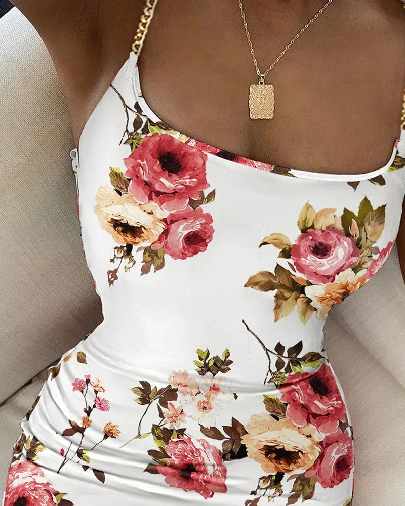 Summer Women Floral Print Dress Chain Decor Bodycon Elegant Spaghetti Strap Sexy Tight 250227Z