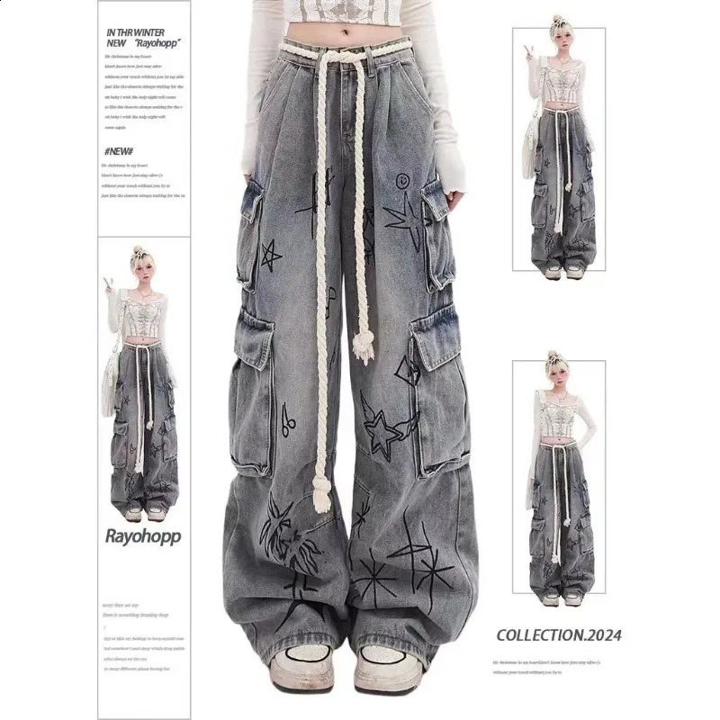 European and American Street Fun Graffiti Multi Pocket Work Jeans Women Spring High Waist Loose Wide Leg Floor Dragging Pants 250224