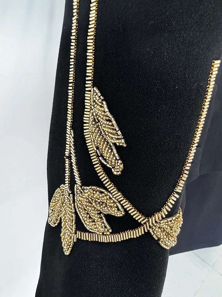HIGH STREET Newest Fashion 2024 Designer Set Women's 3/4 Sleeve Beaded Cropped Jacket Midi Skirt Suit 2Pcs