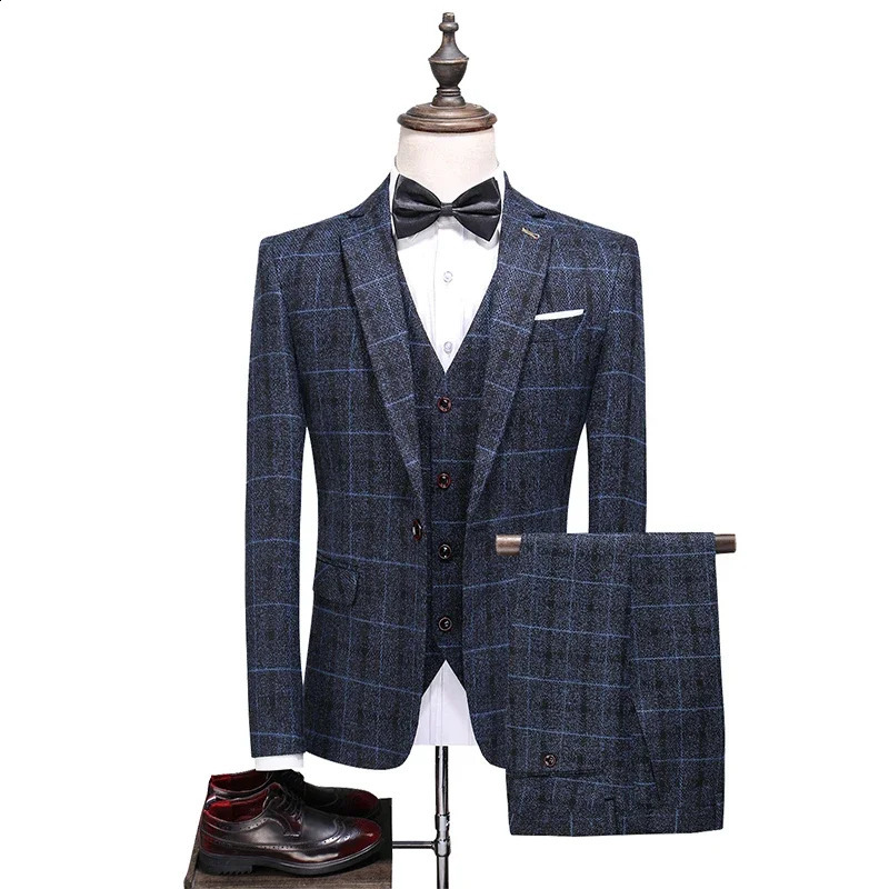 Elegant Mens Suit Blazer Vest Pants Mens Fashion Business Gentleman Wedding Casual Plaid Cotton Linen British Suit 250224
