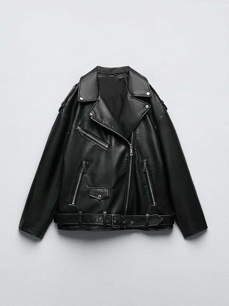 Designer Aigo Women Loose Motorcycle Biker Black Pu Faux Leather Jacket With Belt Spring Autumn Female Zipper Coat Outwear