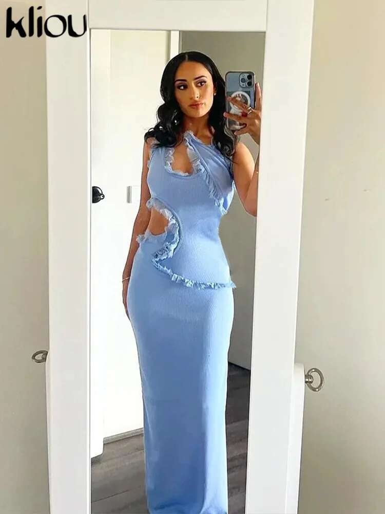 Kliou Ruched Trim Women Maxi Dress Solid Elegant Trend Asymmetrical Suspendency Sheath Concise Robe Female Banquet Party Vestido