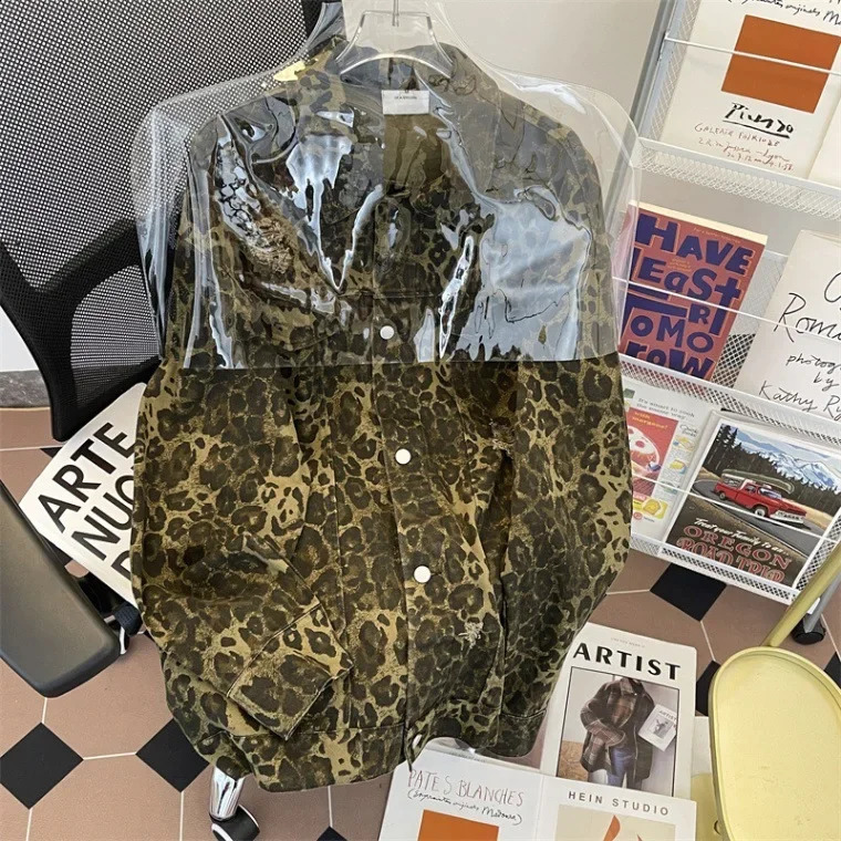 Trendy Leopard Slipsdenim Jacket For Men And Women Casual Loose-Fit Hip Hop Style Niche Heavy Duty Distressed Jacket 250228