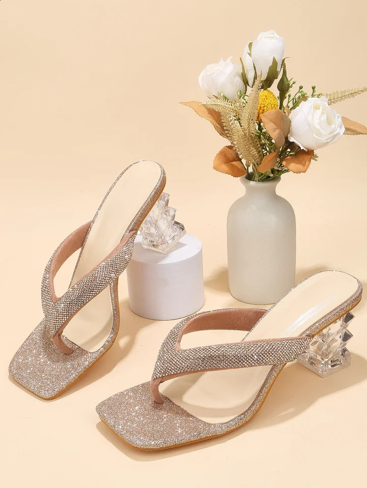 Summer brown rhinestone flip flops womens clip toe sandals for outdoor wear beach shoes dance shoes wedding crystal heels 250218