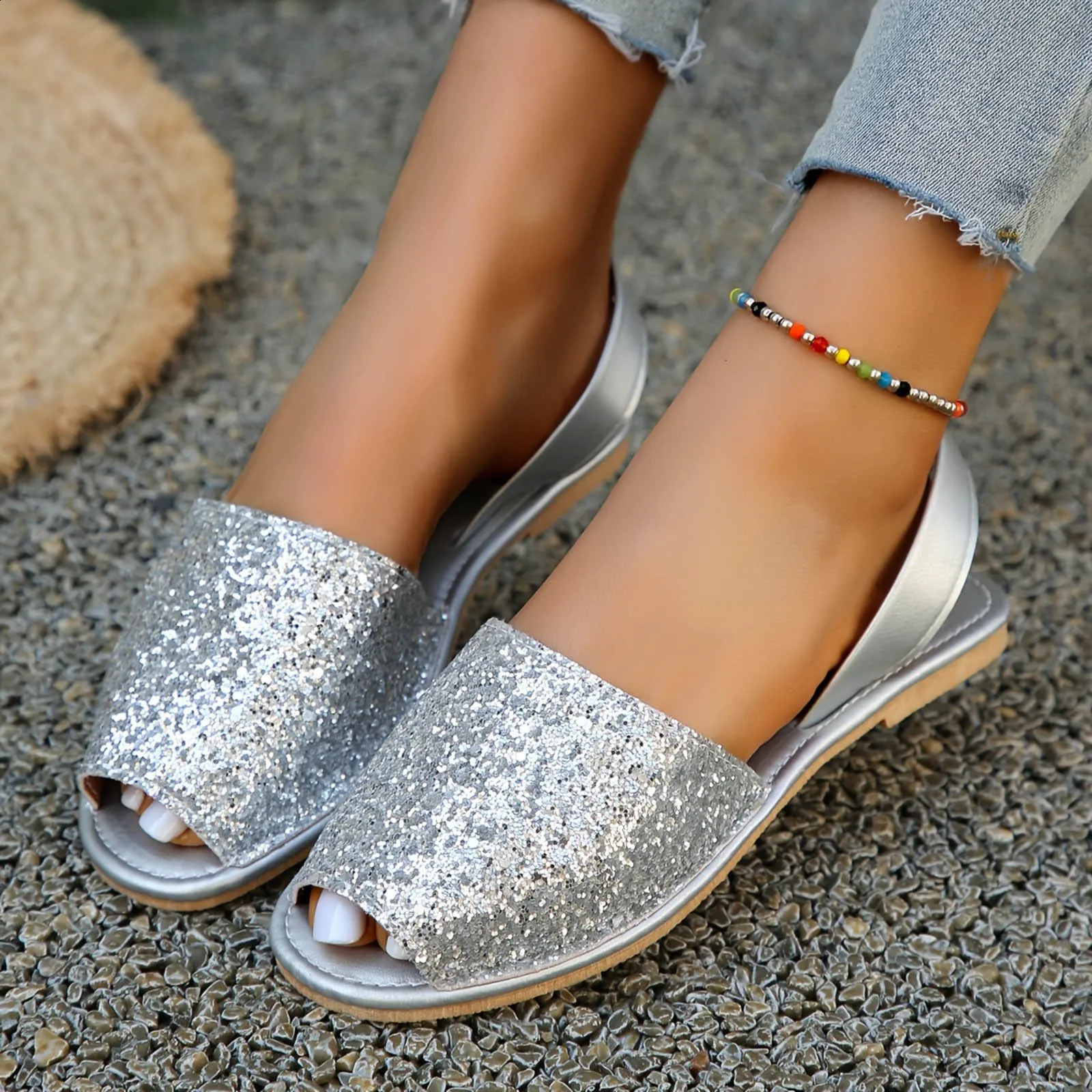 Fashion Shiny Slippers Pure Color Baotou Peep Toe Slip On Back Cutout Heel Strap Sandals European American Women Shoes 250228