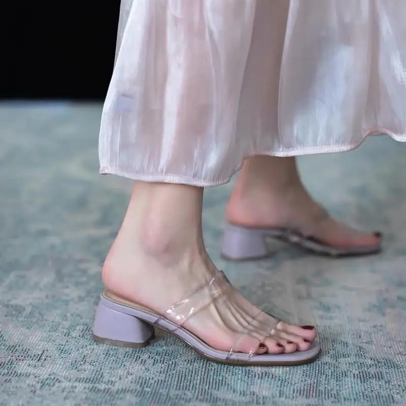 Peep Toe Womens Summer Slippers est Style Fashion Thick Heel Women Slippers Mid-heel Transparent Female Sandals 250228
