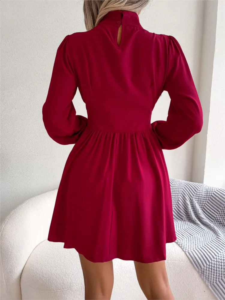 Spring And Autumn Style Long Sleeved Dress Short Skirt Sexy Chest Hollow Half Collar Waist Cinching Big Swing Pullover Red 250227