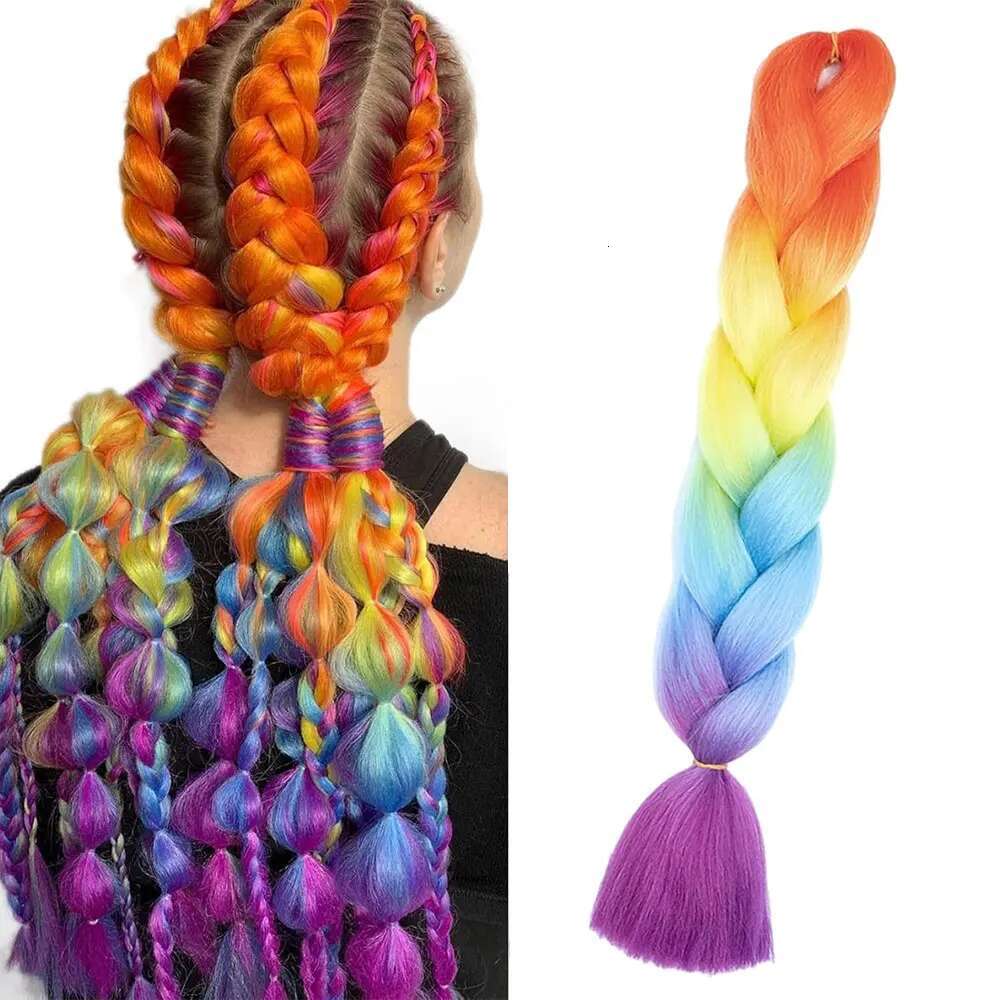 24 Inch Synthetic Ombre Jumbo Braiding For Twist Box Braids Pre Stretched Crochet Rainbow Colorful Hair Extensions