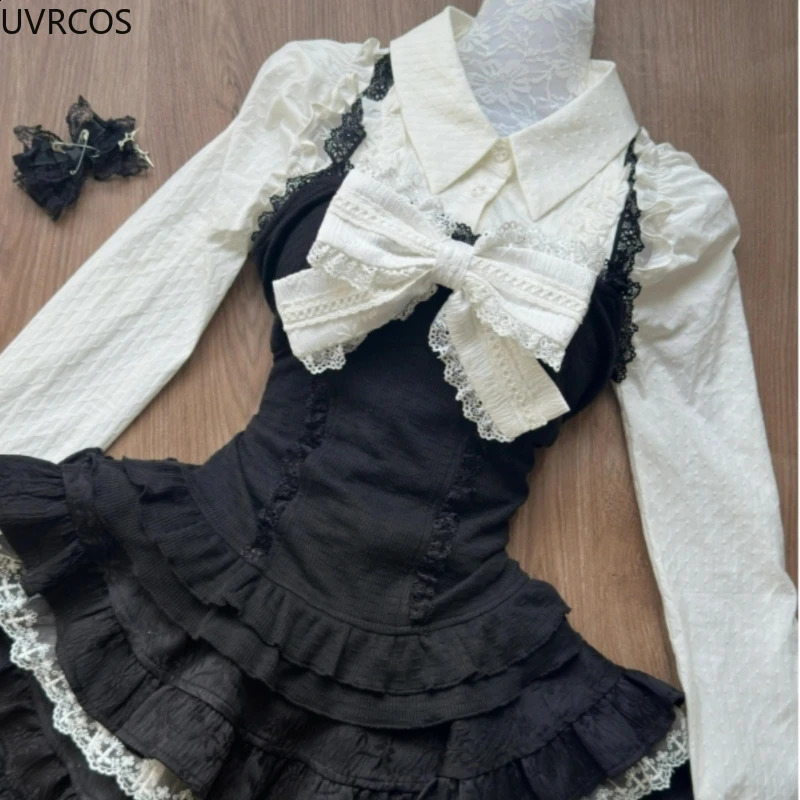 Y2k Aesthetic Lolita Style 3 Piece Set Women Kawaii White Shirt Bow Lace Vest Ruffle Mini Skirts Japan Fashion Gothic Skirt Suit 250225