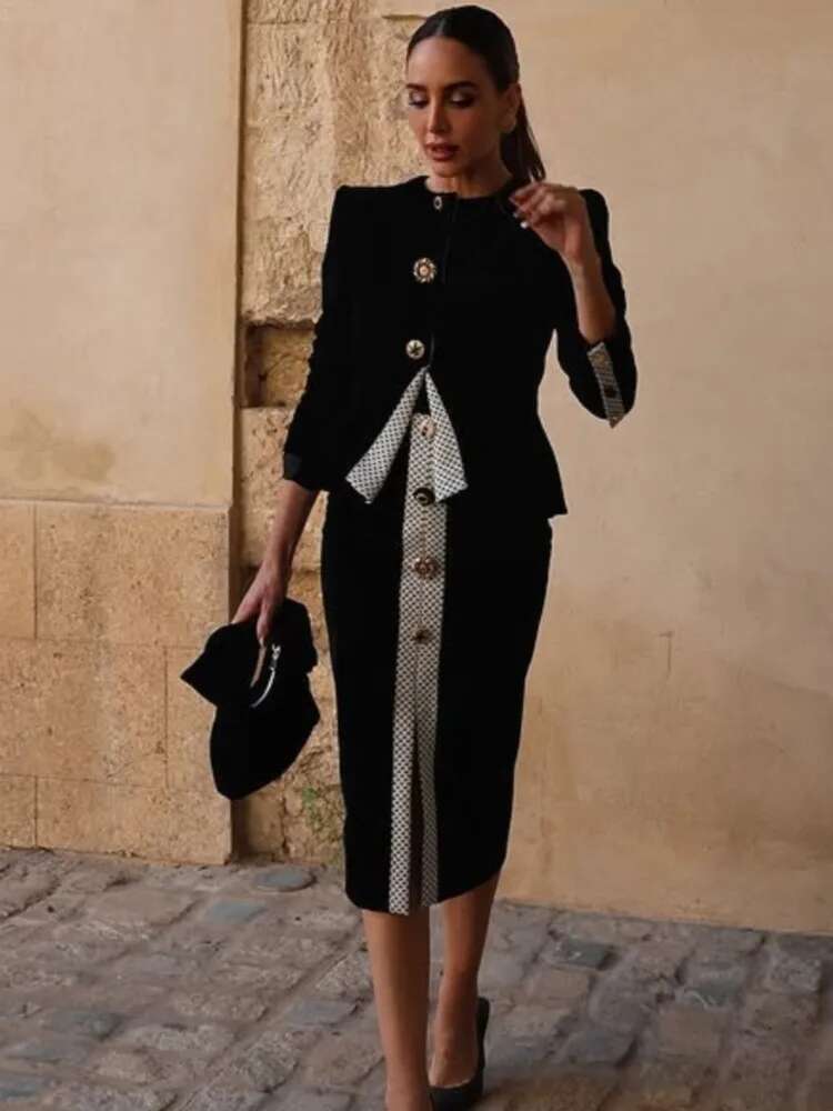 Designer Veet Patchwork Suit Coat Jacket High Waist Skirt Set Vintage Color Contrast Slim Fit Round Neck Women Top Overcoat Long Skirts