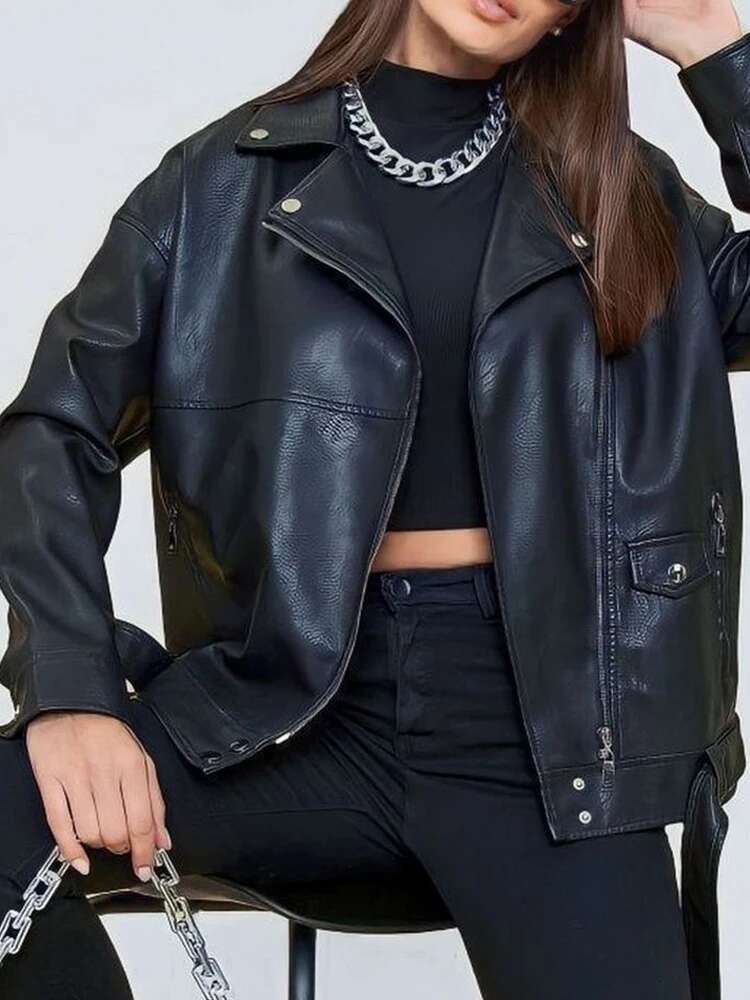 Designer Aigo Spring Autumn Women Moto Biker Black Loose Pu Faux Leather Jacket Streetwear Female Zipper Belt Coat Outwear