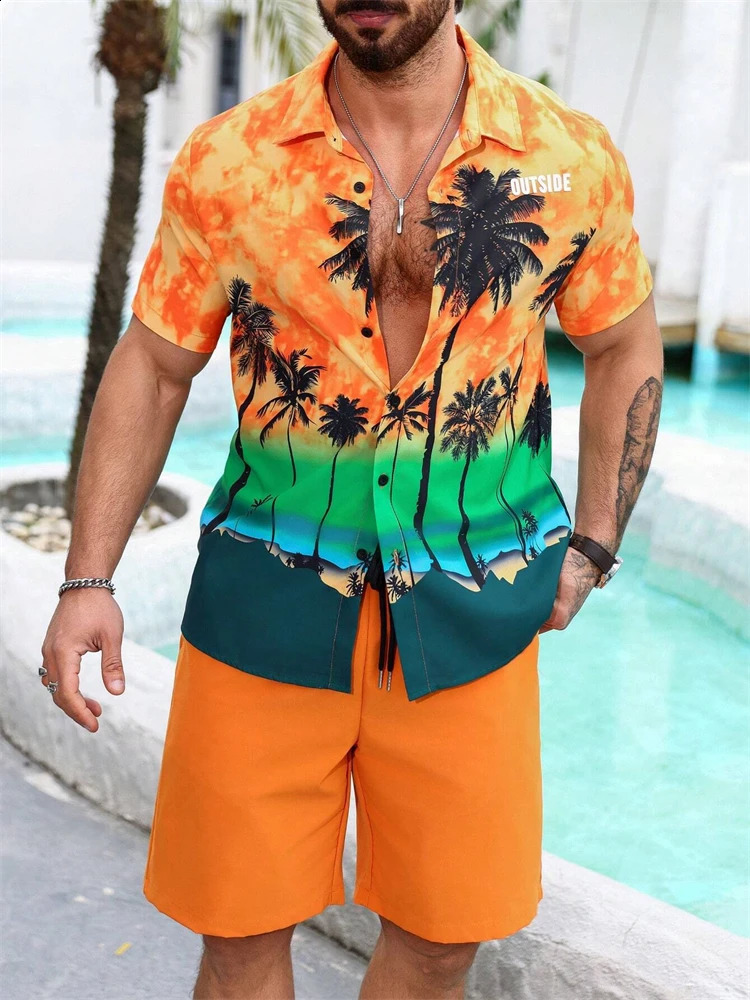 Men Coconut Print Shirt Set High Quality Fashion Trend Shorts Hawaiian Style Leisure Pool Top Outdoor Beach 2-Piece Set 250225