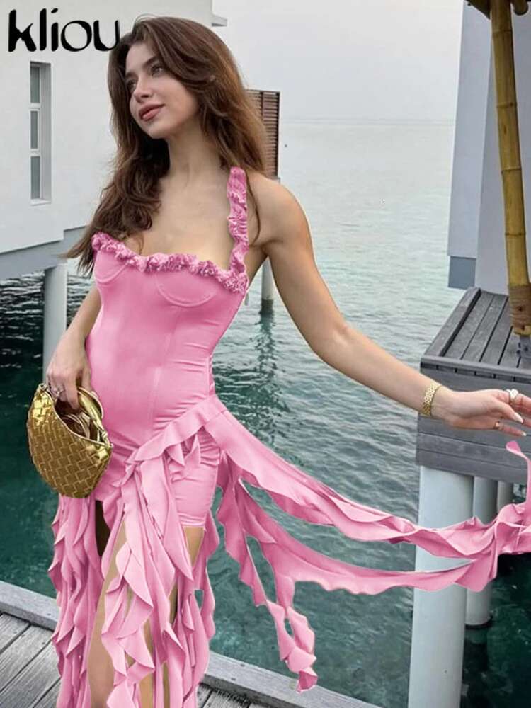 Kliou 2024 Summer New Style Women Fashion Street Shooting Pure Desire Sexy Irregular Slim With Neck Hanging Dress K24d45049